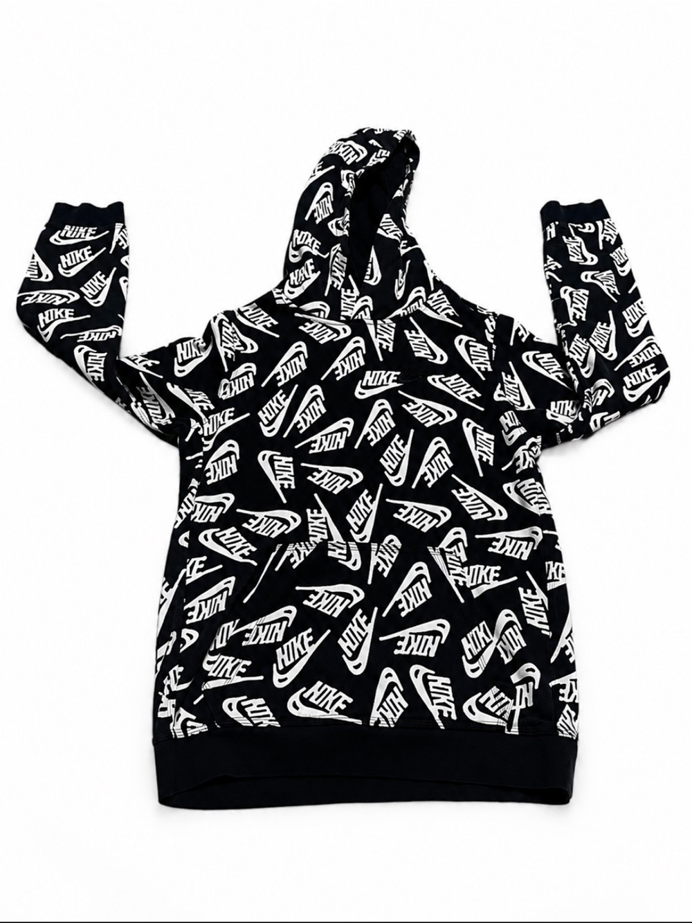 Nike Youth XL All Over Logo Hoodie Black White Swoosh Pullover Sweatshirt
